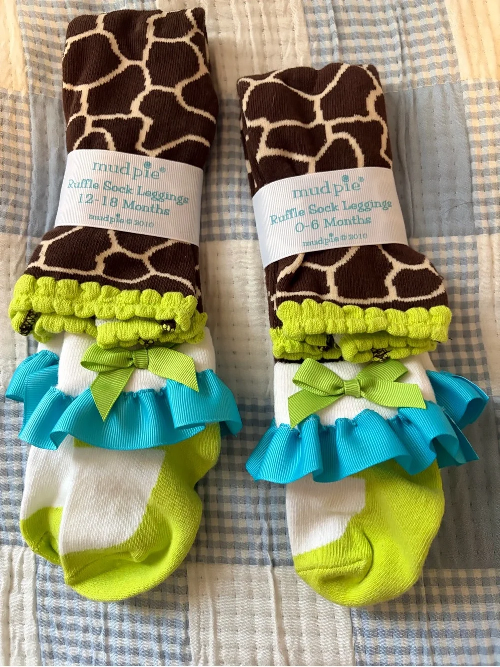 Mud Pie Brown Giraffe Ruffle Sock Leggings with Lime and Teal Accents